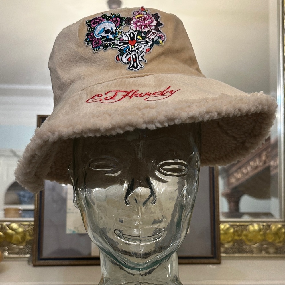 Ed Hardy Beige Bucket Hat with Floral Skull Design